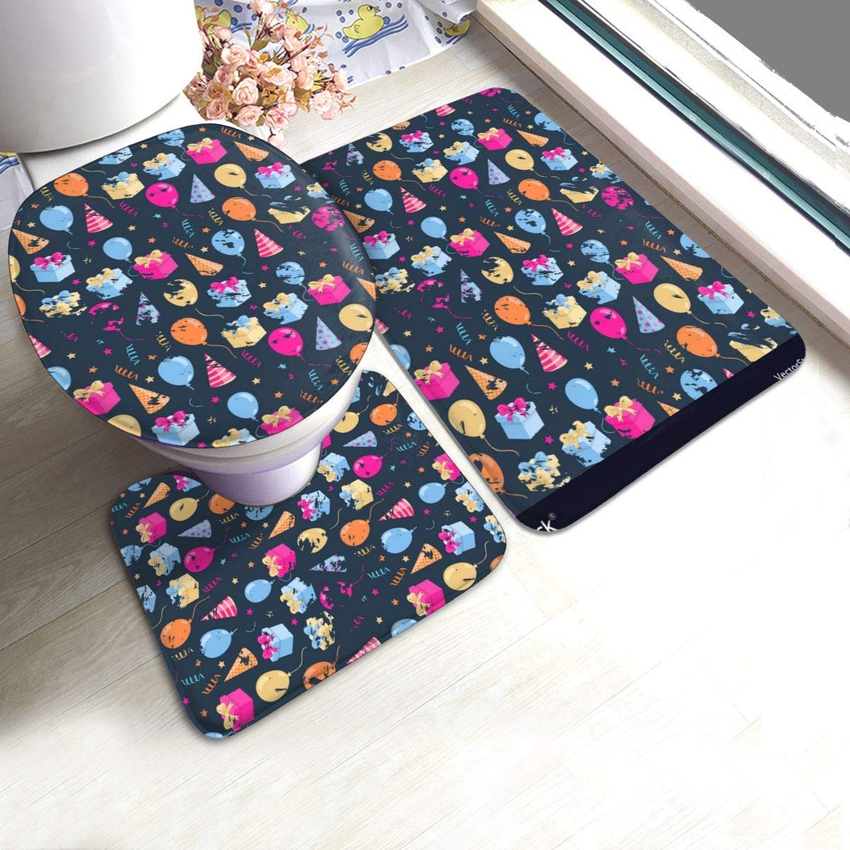 RedBeansRedBeans Non Slip Bath Mat 3 Piece Flannel Bathroom Rug Set,Party Seamless Pattern with Ballonsgift Boxhat Shower Mat And Toilet Lid Cover, Anti Slip Bath Mats And Extra Soft Toilet Kit