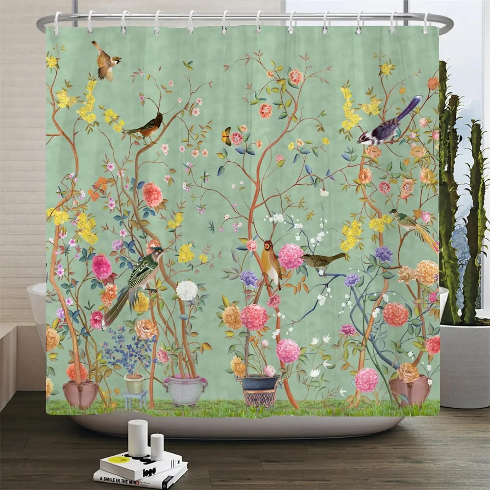 Rideau de bain motif arbre à fleurs et oiseaux 178x183 cm avec anneaux inclus