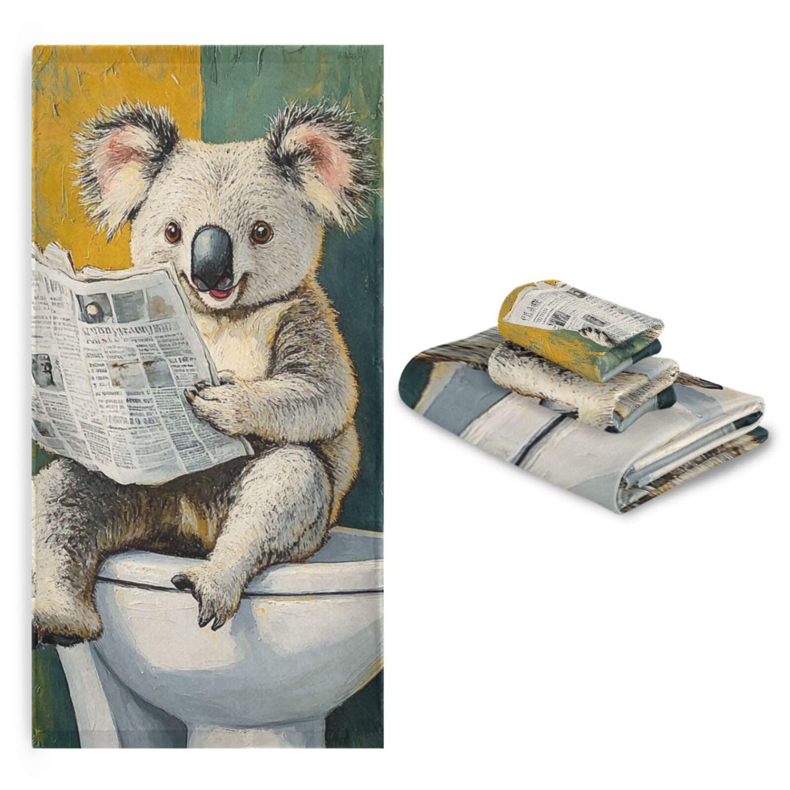 Funny Koala - Set di 3 asciugamani da bagno in stile vintage, con scritta Happy Head to Toe, 1 telo da bagno, 1 asciugamano per mani, 1 panno per la spiaggia, capelli, viso, palestra, nuoto