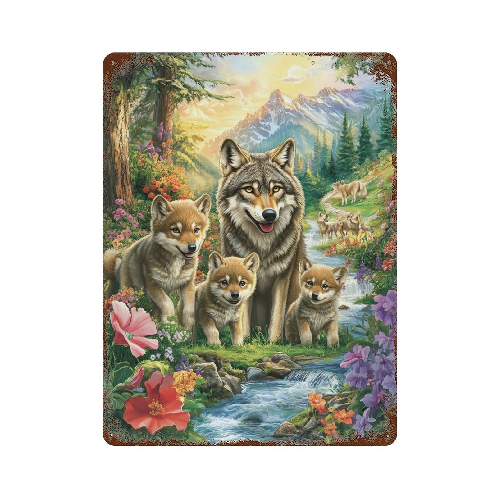 Wolf Family in The Forest 15.7"x11.8" Distressed Metal Wall Sign, Shabby Chic Decor for Shed, Workshop And Garage Wall Decor