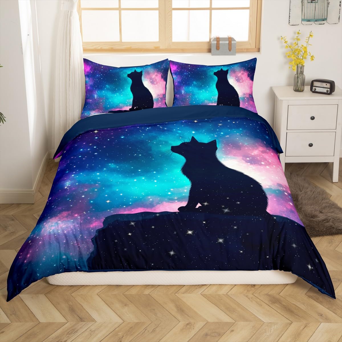 Castle Fairy Galaxy Sky Duvet Cover Full Size for Kids Boys Teens,Wild Fox Silhouette 3 Pieces Duvet Cover,Gradual Universe Starry Sky Soft Comforter Cover (Not Comforter),Tie Dyed Quilt Cover