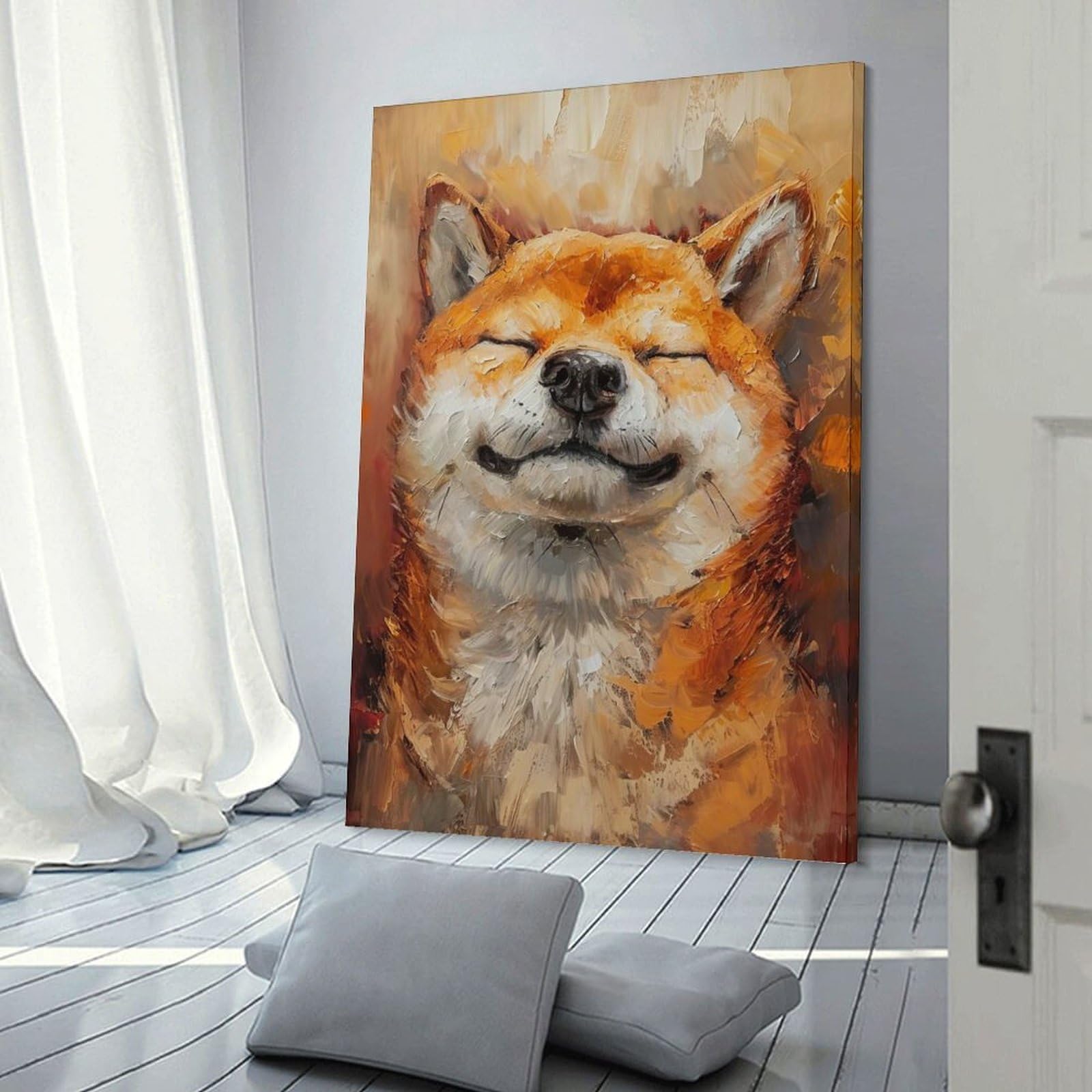 Junmoney Frame-Style-13 Smiling Shiba Inu Oil Painting Wall Picture Print, 20X30inch(50X75cm), For Wall Displays, Bedrooms Or Room Updates, Decorative Artwork With Flexible Styling