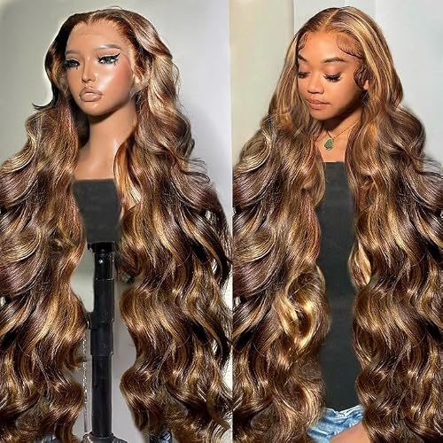 PIOGH 34 Inch Honey Blonde Ombre Lace Front Wig Human Hair Highlight Body Wave Lace Front Wigs Human Hair Pre Plucked 180 Density Glueless 13X4 HD Lace Frontal Wig for Women 4/27 Colored - 34 Inch - Highlight Ombre Body Wave