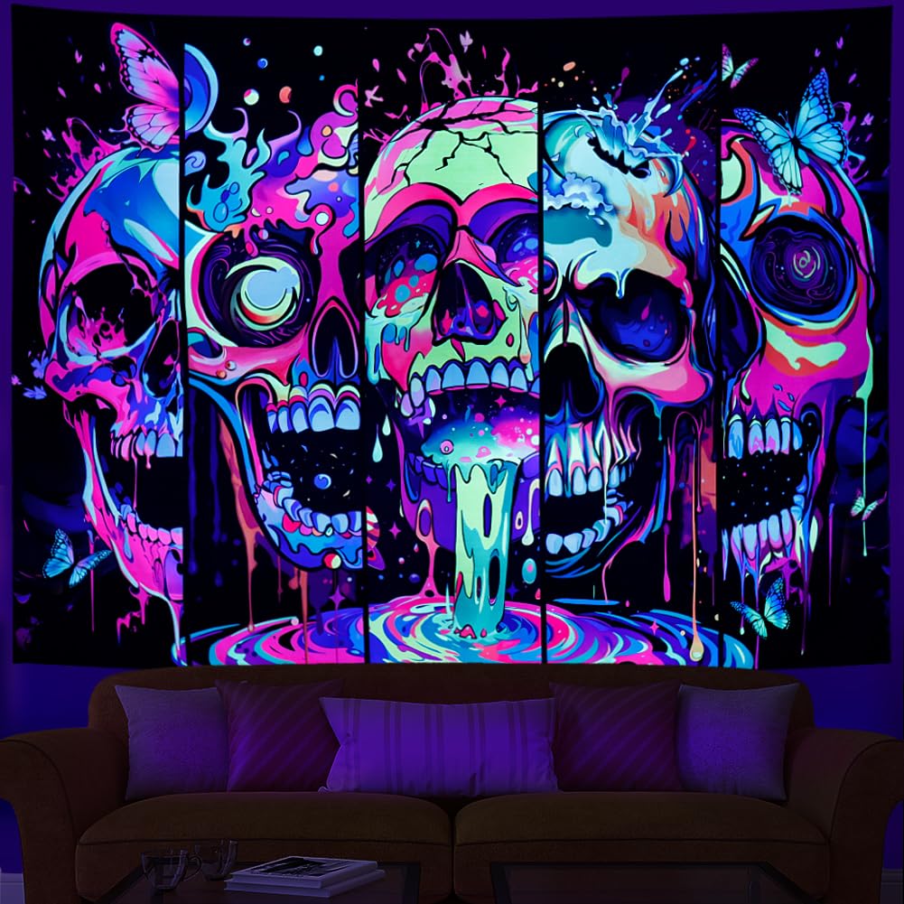Heopapin Blacklight Skull Art Tapestry UV Reactive Neon Skeleton Butterfly Tapestries Trippy Blacklight Horror Face Tapestry Halloween Aesthetic Wall Decor Tapestries for Home W59×H51