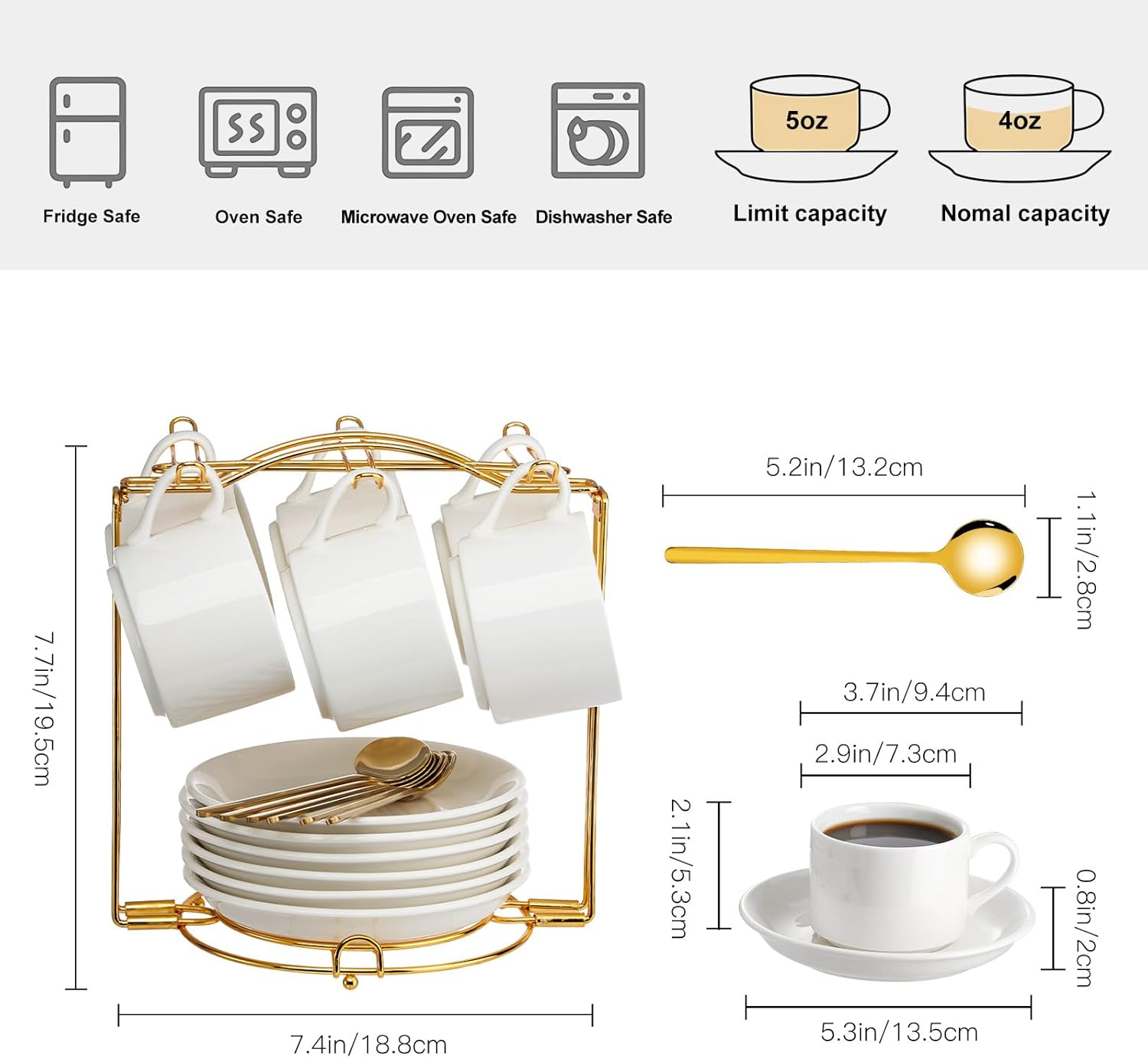 YOLIFE Espresso Cups with Saucers Set and Gold Metal Stand, 4oz Coffee Espresso Cups Set of 6, Ceramic Expresso Shots Cup with Stand & Saucers, White