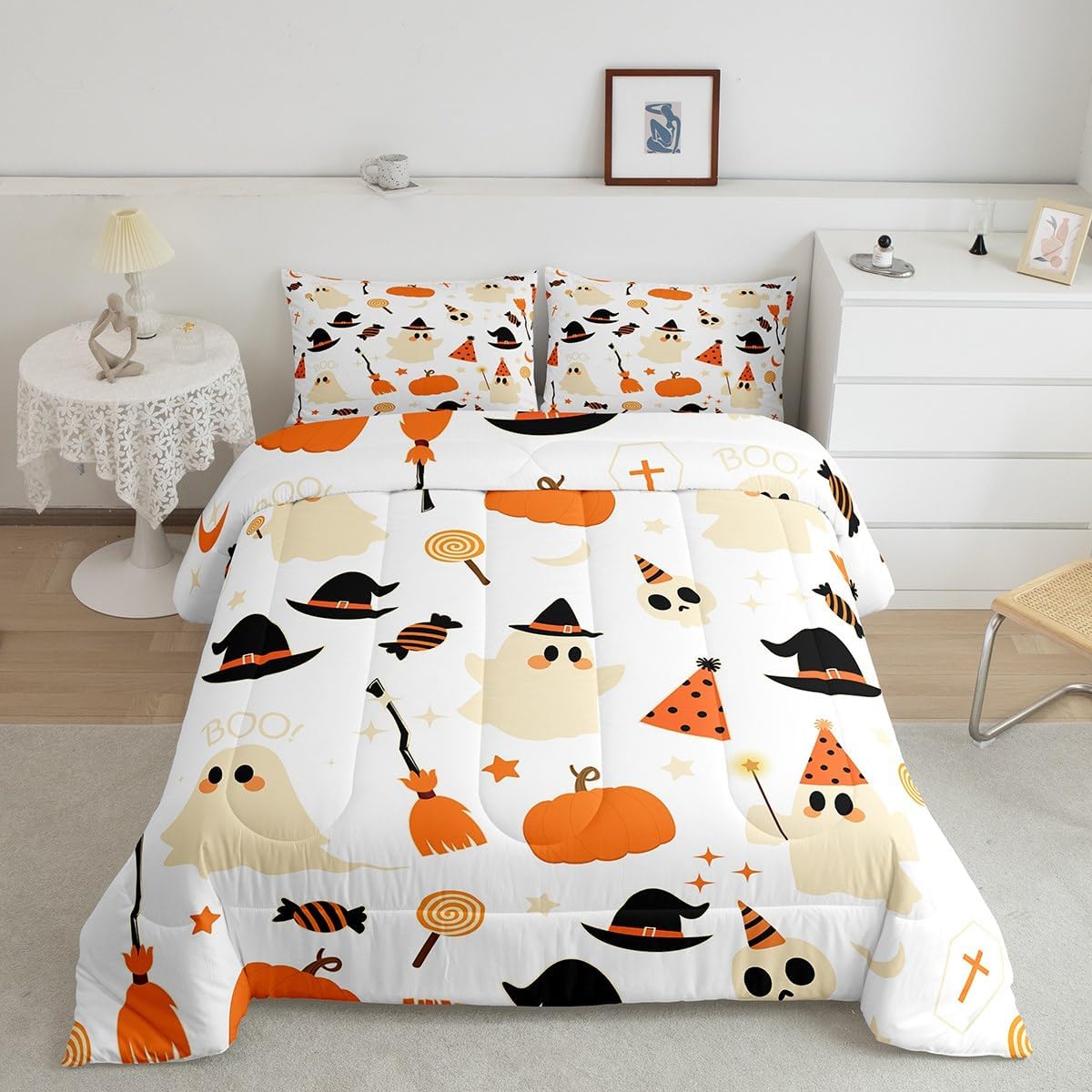 Feelyou Happy Halloween Bedding Set Twin Size Kids Cute Ghost Comforter Set for Boys Girls Teens White Horror Theme Duvet Quilt Breathable Soft Lightweight Microfiber Pumpkin Witchcraft Room Decor