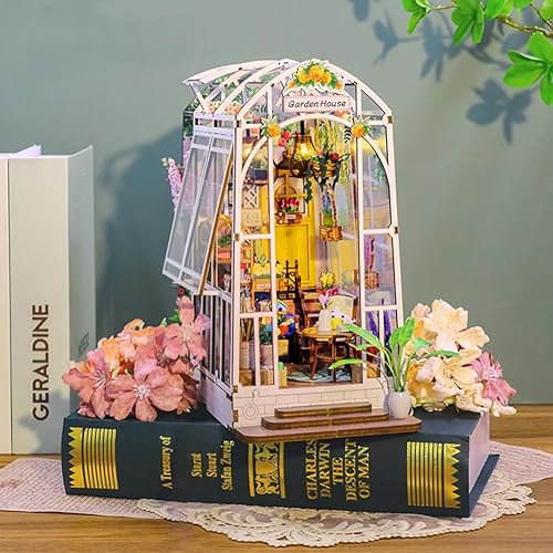 Miniatura 6 de Kit de rincón de libros, rompecabezas de madera 3D para casa de muñecas, decoración de callejón, soporte para libros de casa de muñecas de jardín,