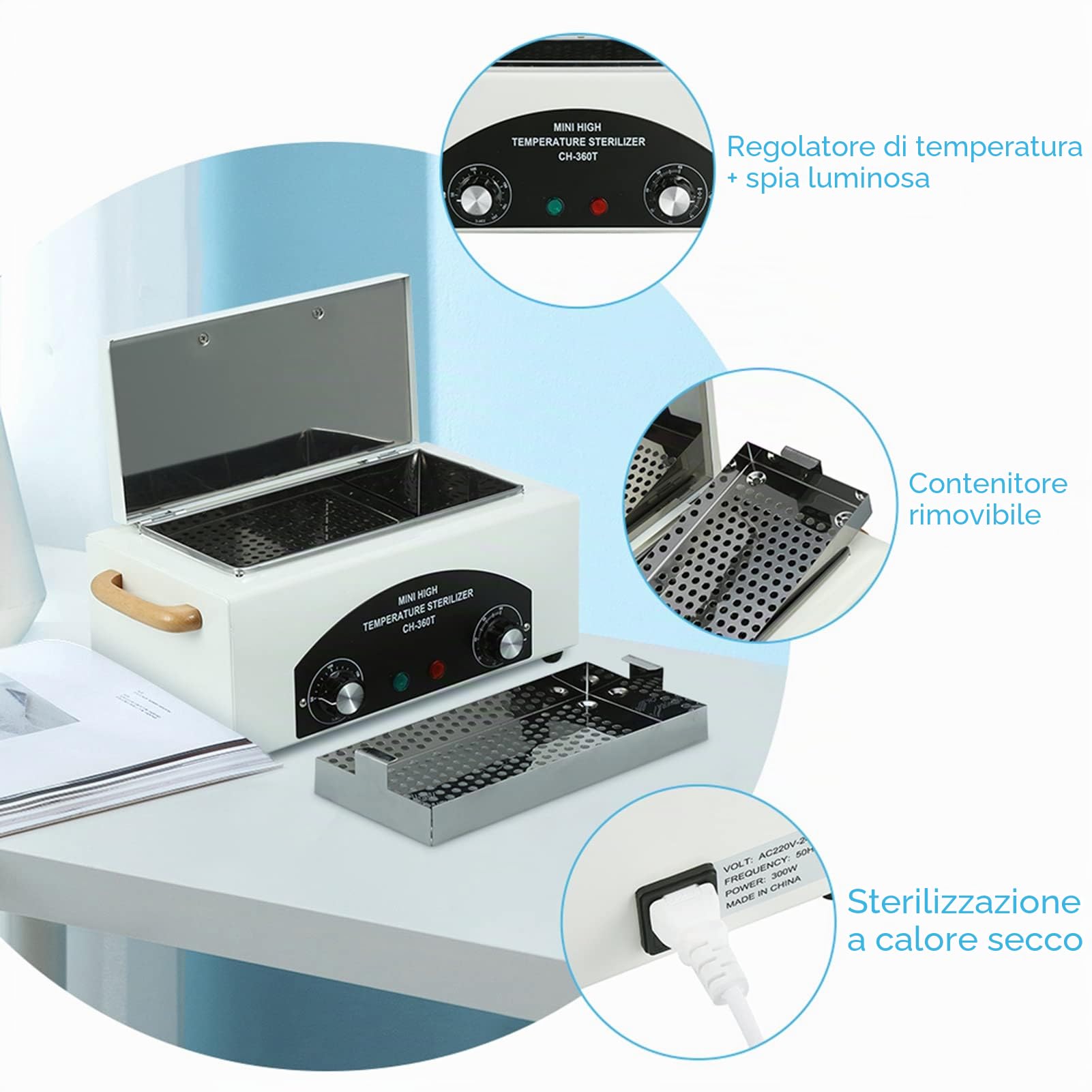 Sterilizzatore a calore, Sterilizzatore per Estetista Centro Estetico Utensili Acciaio Inox, Sterilizzatore Professionale per unghie Sterilizzatore Estetica Professionale, 300W