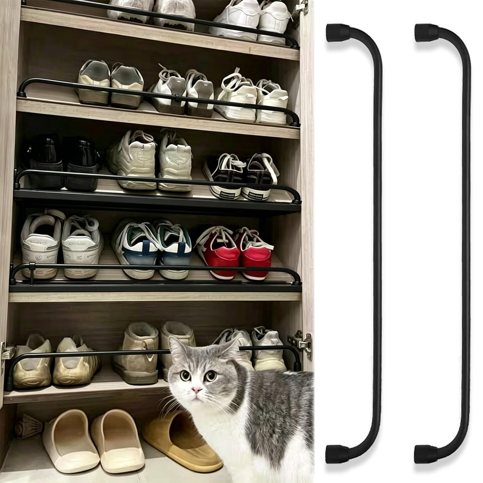 ERRULAN 2 Pack Shelf Guard Rail Fence Set for Shoe Racks/Bookshelf, Sturdy Anti-fall Shelf Rail Guard Bar Rod, Aluminum Decorative Gallery Rails for Closet/Entryways(Black,66cm/26in)