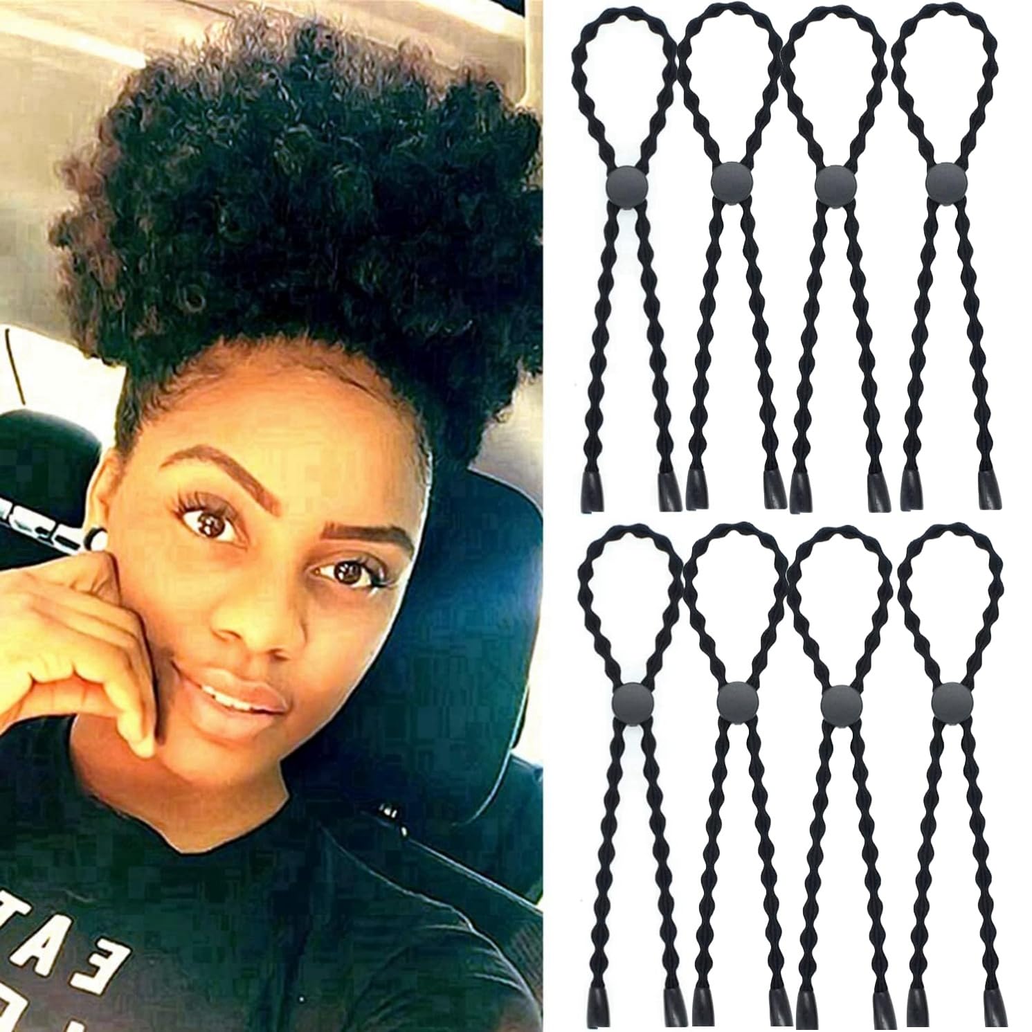 6PCS Natural Hair Ties for Short Kinky Curly Hair, Afro Puff Ponytail Tie Adjustable Length Hairband with No-Slip Design, Headband for Women with Thick, Braided, Natural Hair