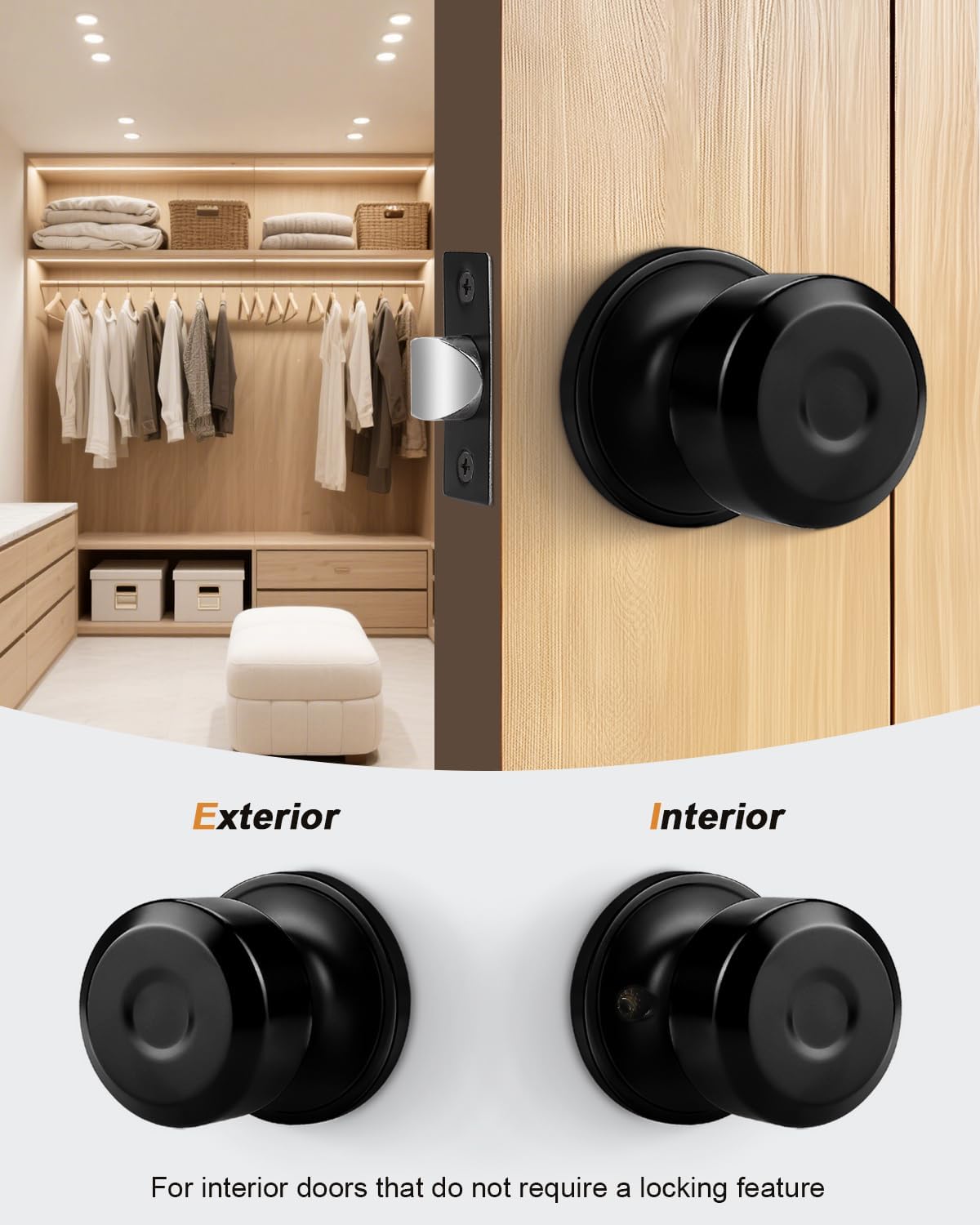 Probrico Closet Door Knob Passage Black Door Knob Without Key Interior Door Knob No-Locking Door Knob for Hallway 3 Pack