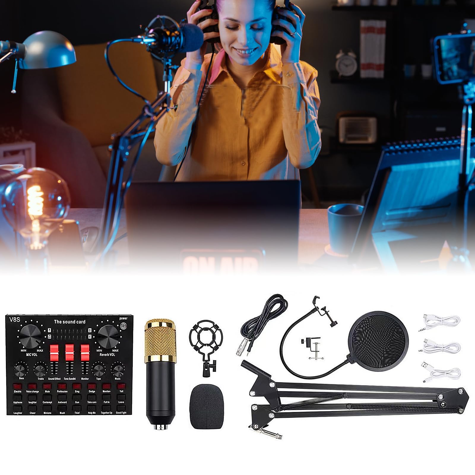 Tarjeta de sonido en vivo, tarjeta de efectos de sonido V8S con 16 efectos de mezclador DJ, 16 efectos de sonido en vivo, 8 modos divertidos, placa de sonido externa USB de audio karaoke portátil,