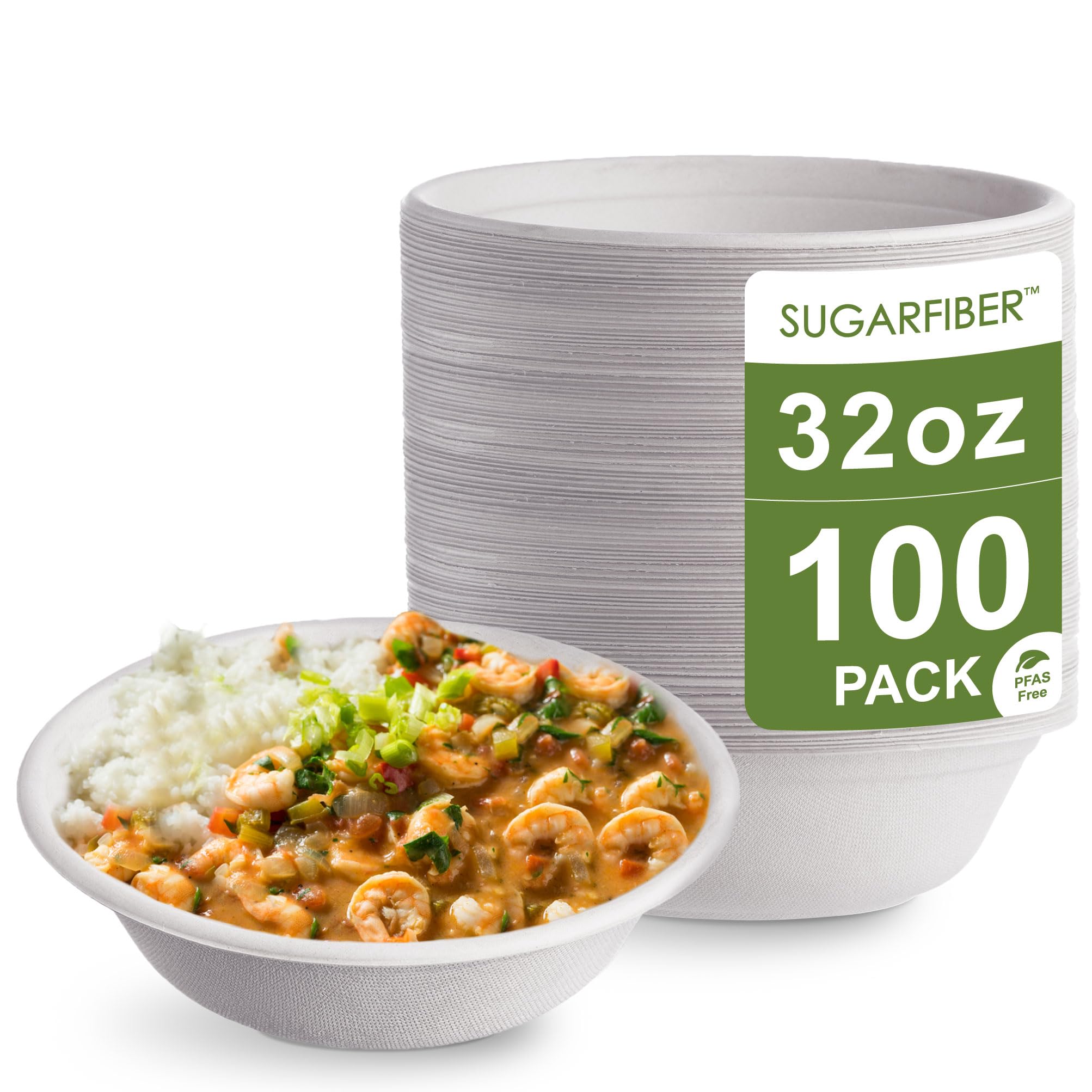 [100 Count] Harvest Pack PFAS Free 32oz White Round Paper Bowls - Compostable Heavy-Duty Eco-Friendly Disposable Bagasse Bowls Sugarcane Natural Plant fibers for Meal Prep Takeout Dinnerware