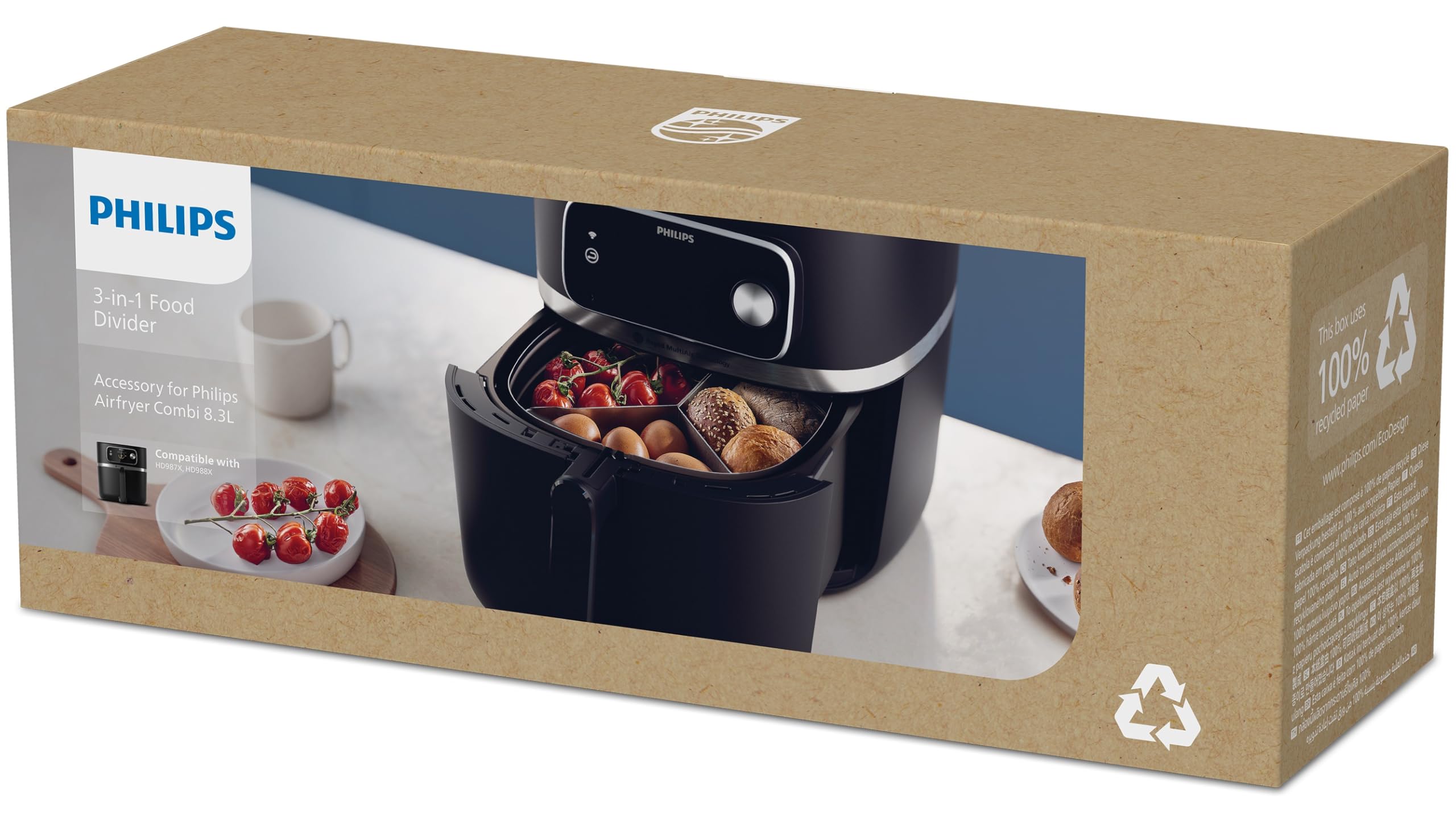 Philips 3-częściowy separator do gotowania do Frytkownicy Beztłuszczowej XXL HD9875/90, akcesoria do Airfryera, przygotujesz do trzech potraw na raz, aplik. HomeID, można myć w zmywarce (HD9916/00)