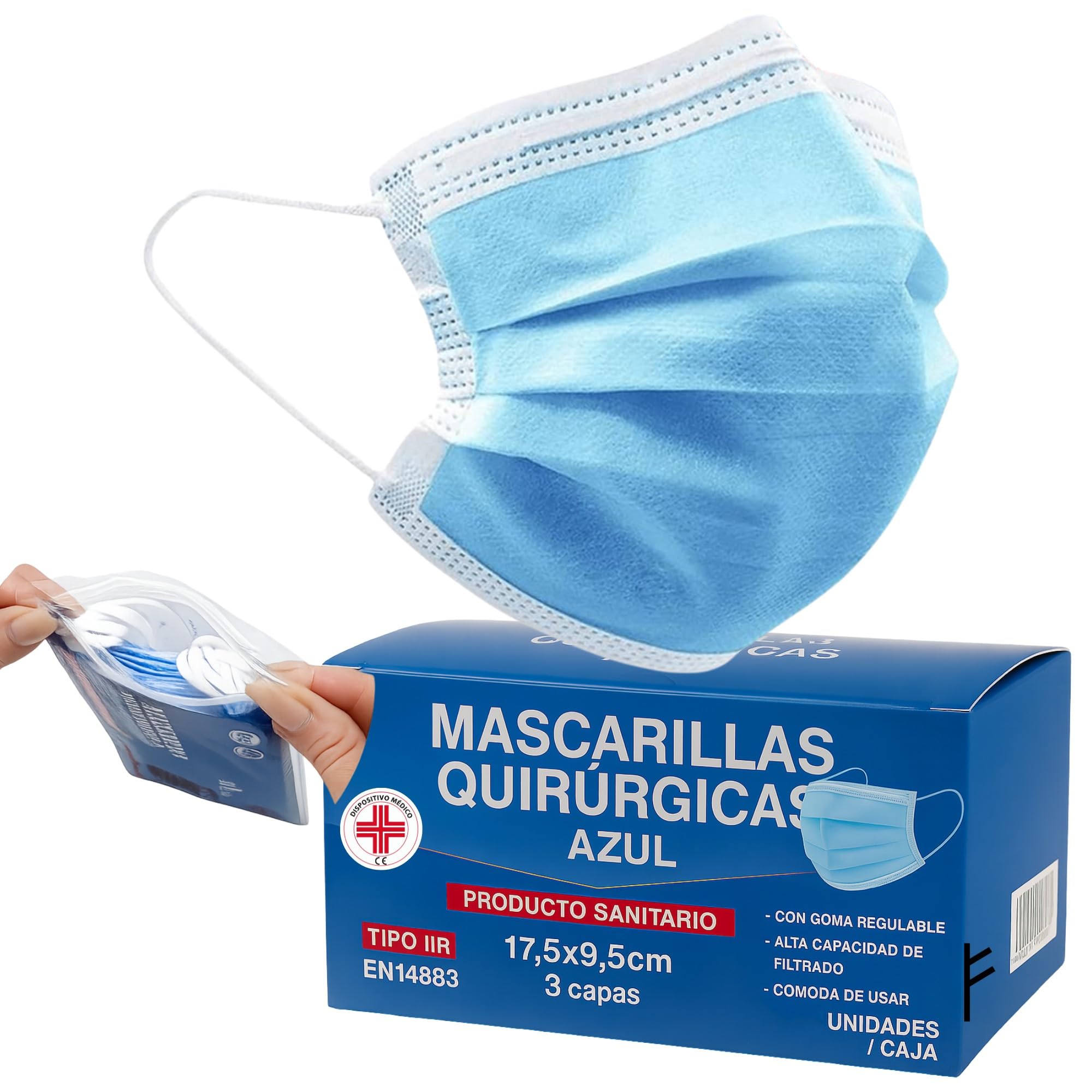 S&S Medical Mascarillas Quirúrgicas Tipo IIR CE 3 Capas 98% Filtración Bacteriana Azul 100 Unidades