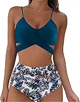 Conjunto de biquíni de cintura alta, frente cruzada com calcinha franzida e controle de barriga, duas peças sexy para mulheres