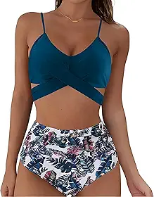 Conjunto de biquíni de cintura alta, frente cruzada com calcinha franzida e controle de barriga, duas peças sexy para mulheres