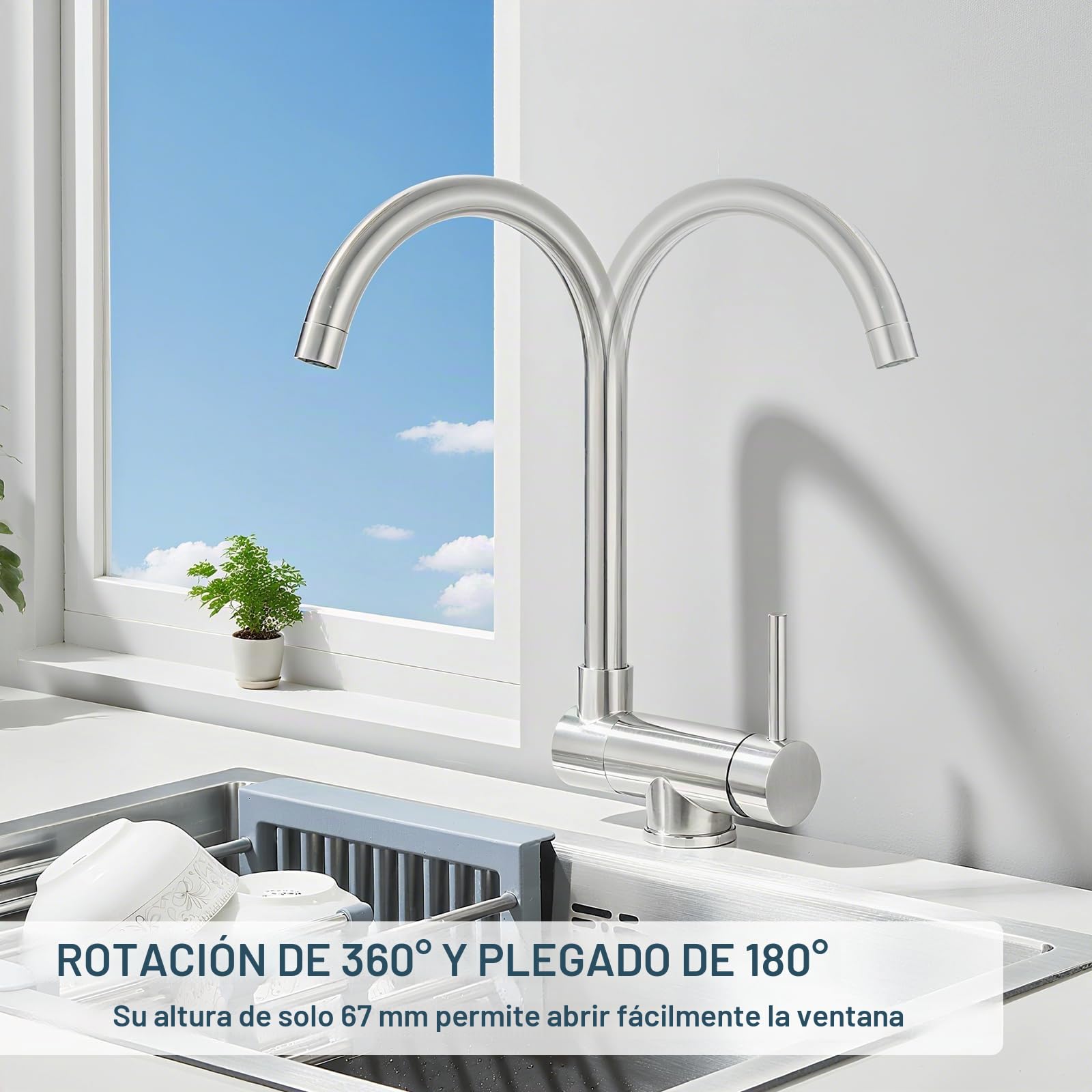 Grifo Cocina Abatible, Grifo de Fregadero Abatible Giratorio de 360°, Grifo Fregadero Cocina Plegable de Inox, Mezclador Fregadero Agua Fría y Caliente