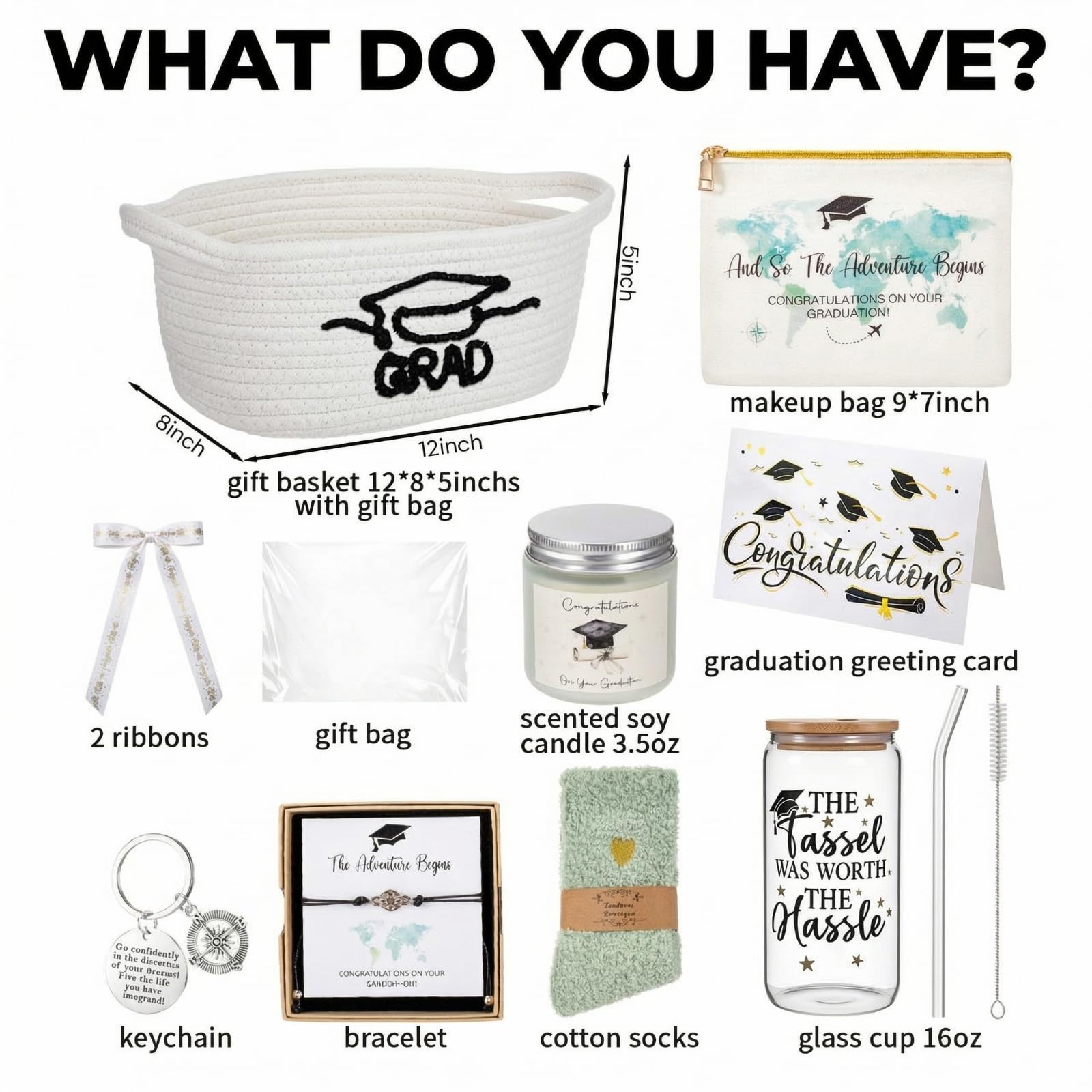 Zopeal Graduation Gift Basket for Her 2026,Graduation Gift Set with Glass Tumbler,Makeup Bag,Candle,Socks,Bracelet,Keychain,Card,College Grad Gifts for Her Women Daughter Granddaughter(White)