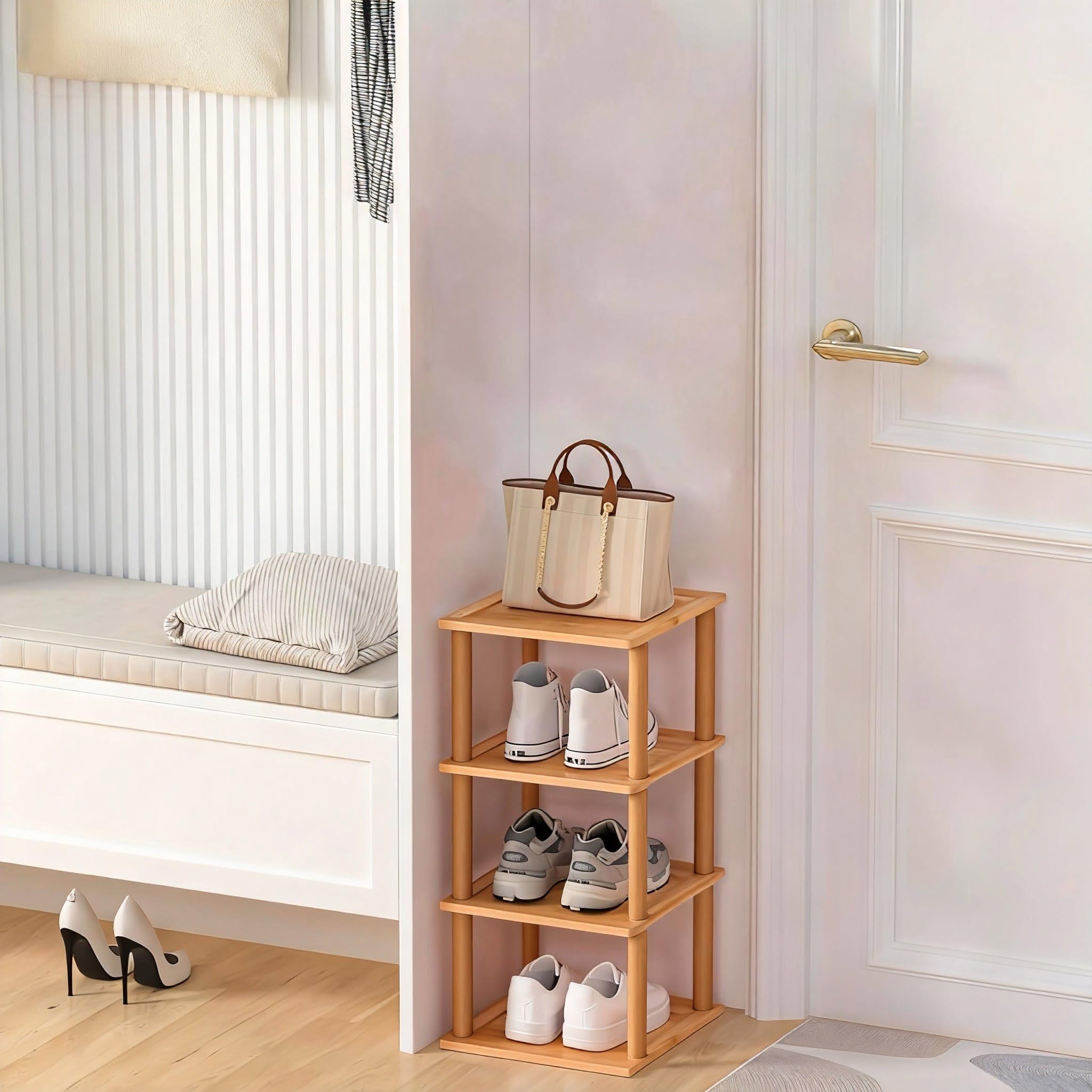 Aniston 4-poziomowy bambusowy stojak na buty, wolnostojący, wąski, pionowy, wysoki organizer na buty, do garażu, szafy, drzwi, narożnika, salonu, małych przestrzeni (4 Tier)
