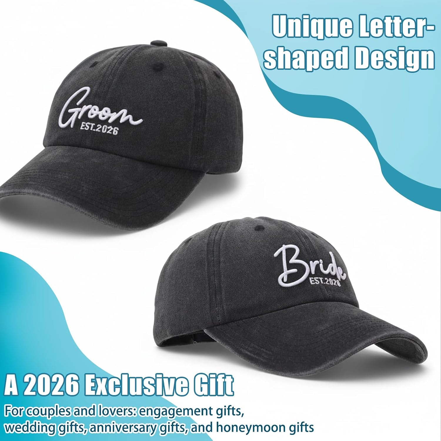 Bride and Groom Hats for Wedding Gifts 2026 Adjustable Embroidered Engagement Honeymoon Newlyweds Baseball Caps for Couples Honeymoon Anniversary Black