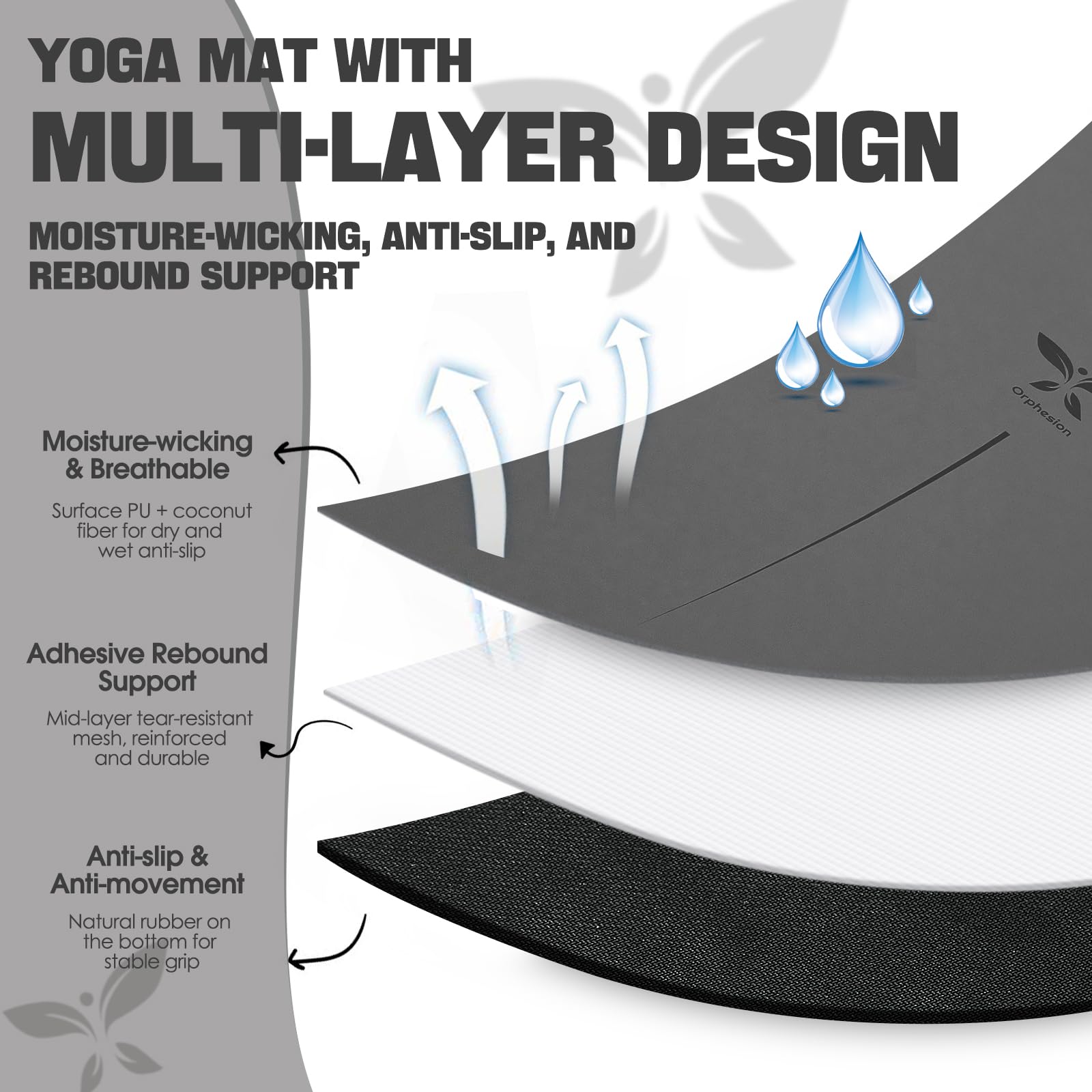 Orphesion Professional Yoga Mat with Carry Strap,Non-Slip Eco-Friendly Natural Rubber Mat Superior Grip Durable 72