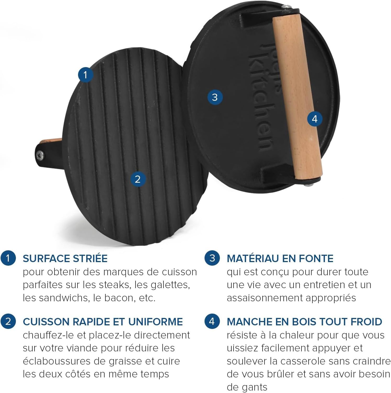 Hamburgerpresse, Steakpresse, Schweinekotelett, 17 cm, mit Holzgriff, schwere Presse, rund, für Hamburger, Panini, Steaks und Sandwiches, lebensmittelecht