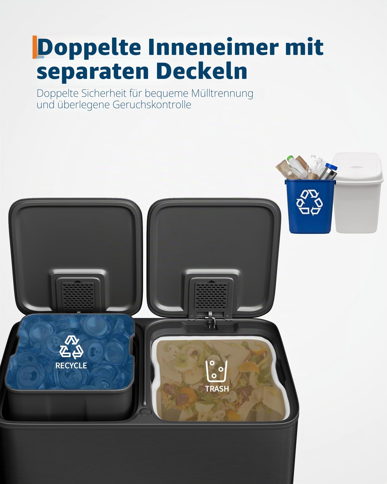 Garvee 2 x 40 L,Mülleimer Küche, Mülltrennsystem 2 Fächer, Soft-Close-Deckel, für Recycling & Biomüll, Fußpedal Mülleimer Für Küche/Badezimmer, Geruchsgeschützter Abfallkasten
