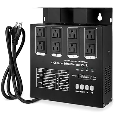 DMX 4-Channel Dimmer Pack with DMX512 Protocol Compatible with High-Voltage Halogen and LED Bulbs, 20A Max, Silicon Box for Stage Lighting Control
