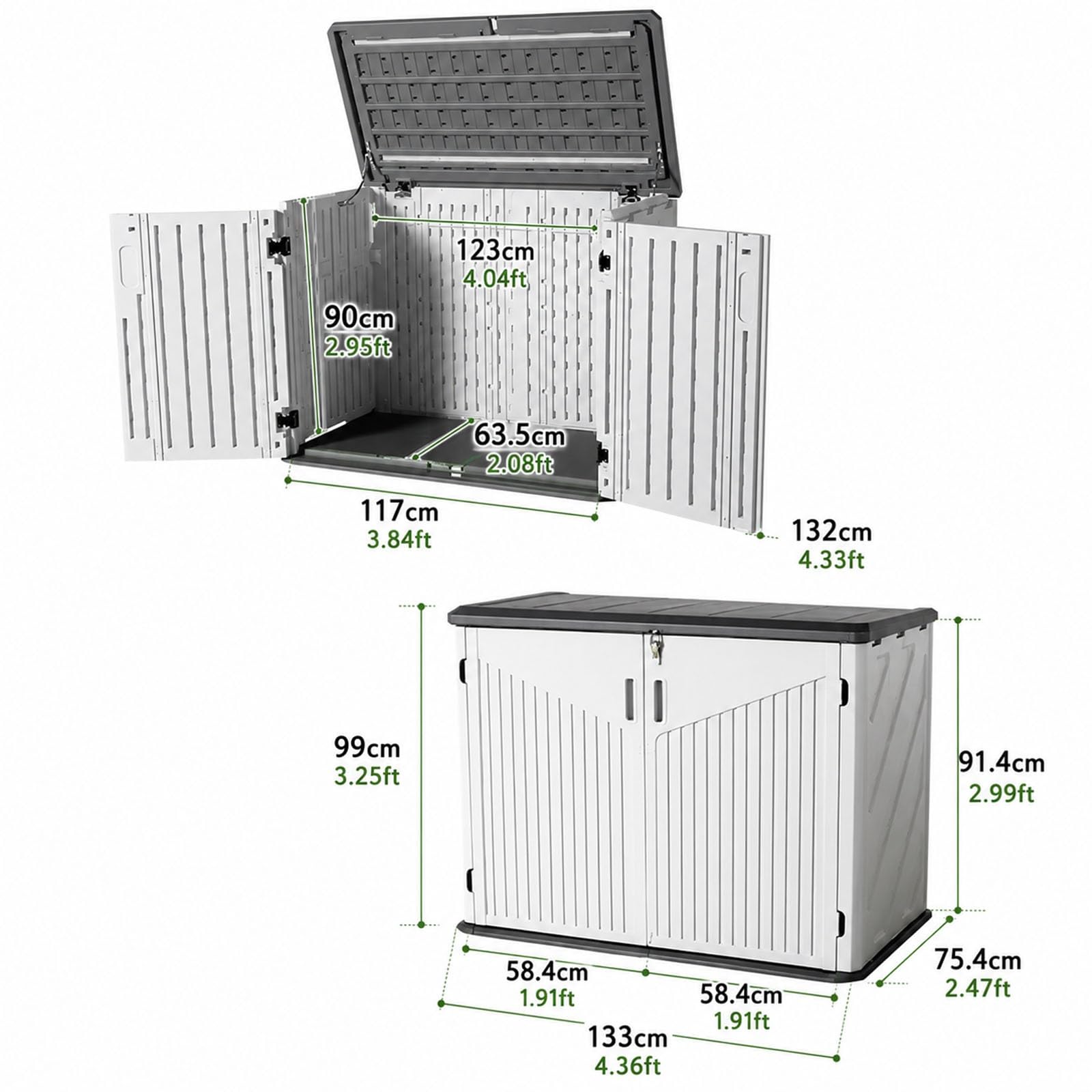 Generico Box da esterno 35 Cu Ft, per 2 bidoni, chiudibile a chiave | Box esterno in HDPE con pistoni a gas, serratura e picchetti, per 2 bidoni e cuscini da patio