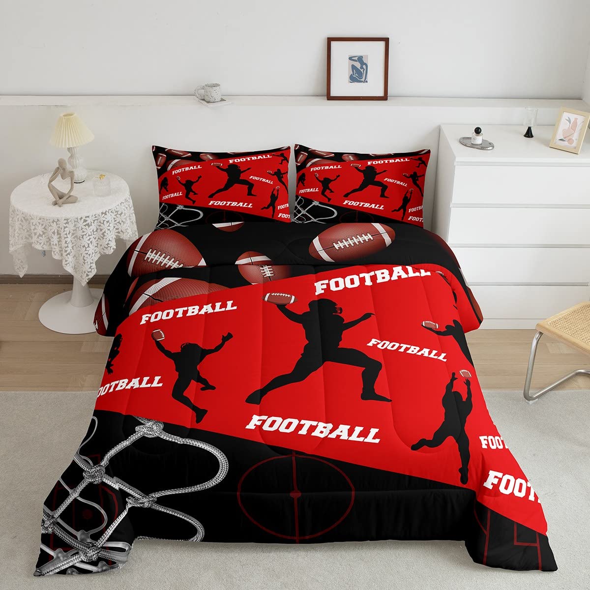 Erosebridal Queen Sports Comforter Set - Red and Black Football Comforter Set for Boys - Duvet Insert with 2 Pillowcases