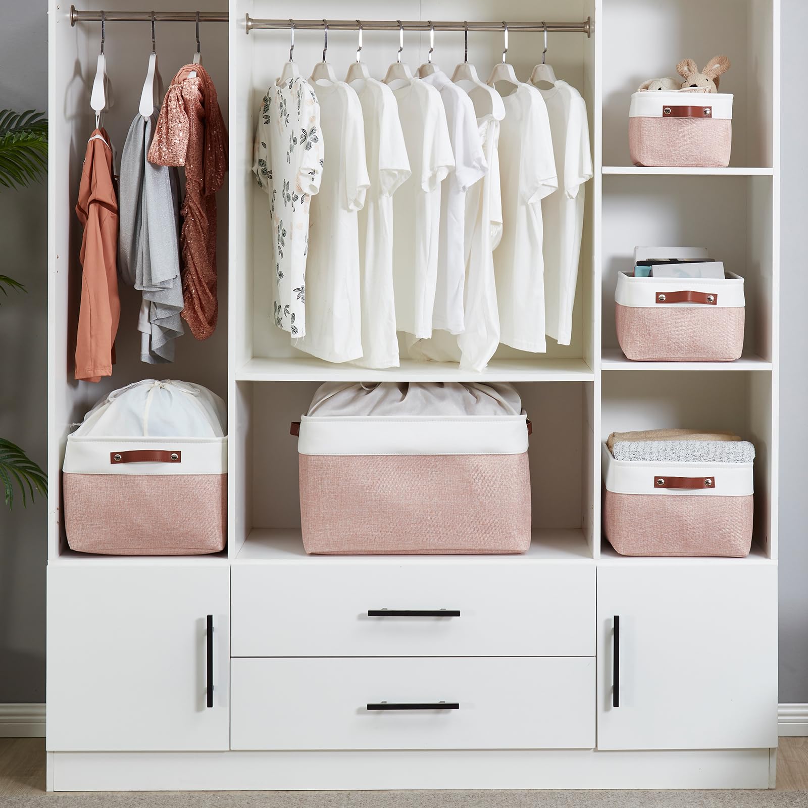 Mangata Scatole Portaoggetti Rettangolari in Tessuto, Varie Dimensioni, Cestini Contenitori per Scaffali, Guardaroba, Giocattoli e Vestiti, 41 x 31 x 18 cm, Rosa e Bianco (Grande, Confezione da 3)