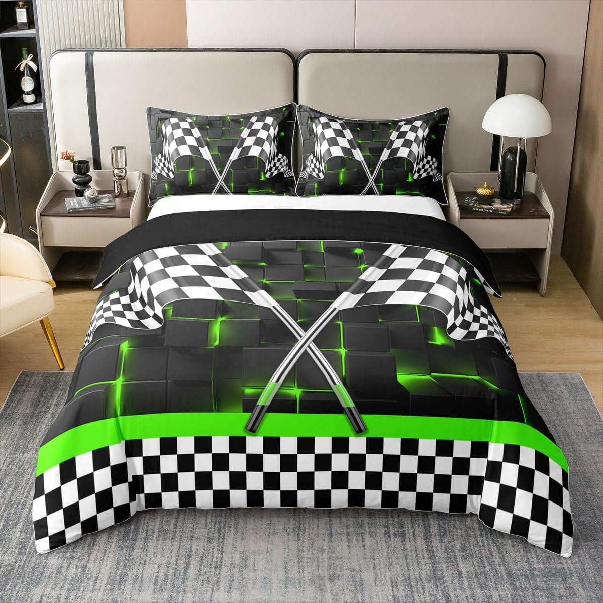 Erosebridal 100% Cotton Full Race Car Bed for Boys,Racing Car Flag Duvet Cover for Teens Adult,Pink Neon Lights Glowing Plaid Grid Quilt Cover,3D Checkered Black White Comforter Cover