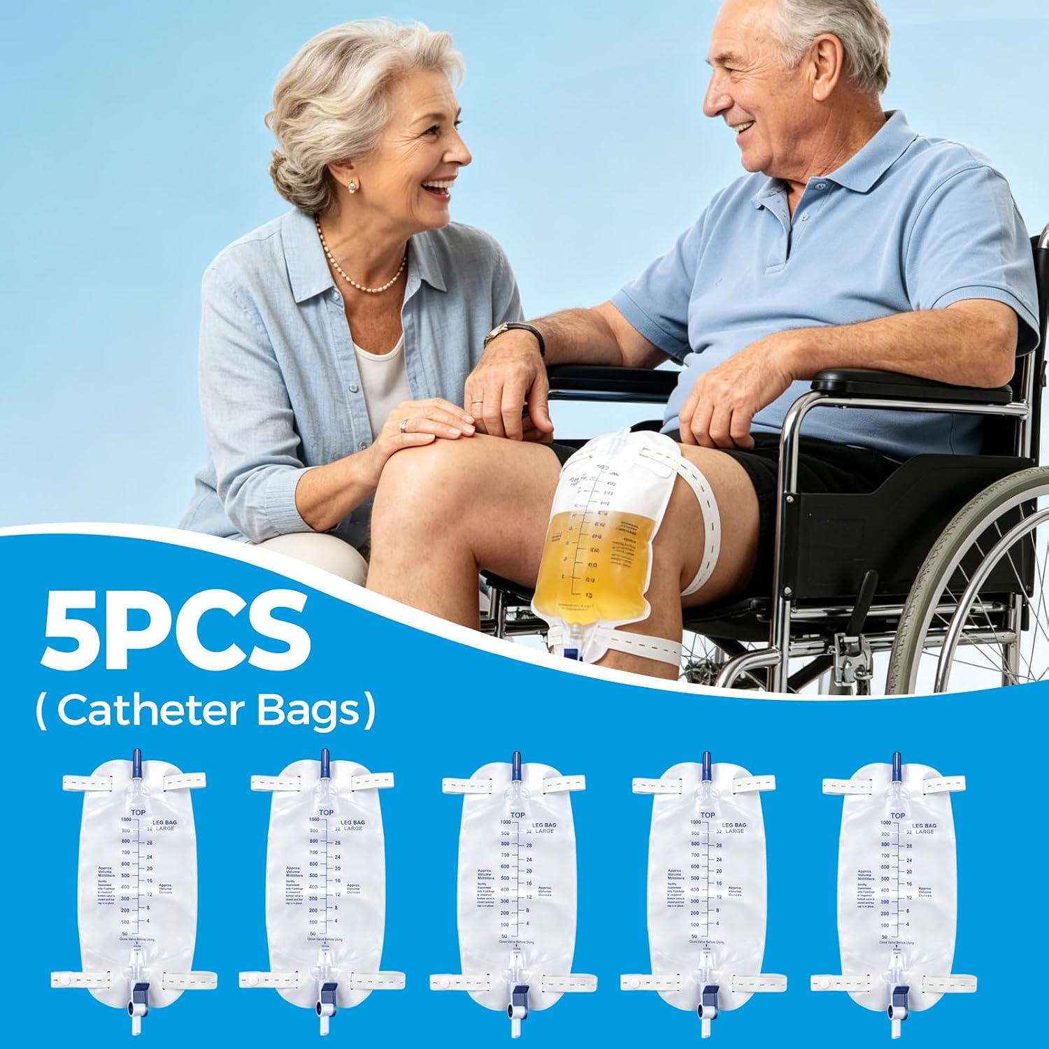 Catheter Leg Bags for Men, 5 Pack 1000ML Catheter Bags | Urine Bags for Men with Easy Flip Drain Design, Anti‑Reflux Valve