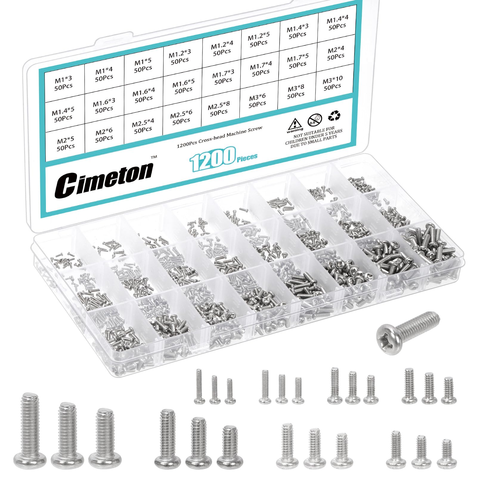 Cimeton 1200PCS Phillips Pan Head Small Machine Screws Assortment Kit M1-M3 Cross Round Head Screws Bolts Pan Head Machine Screw for Eyeglasses Watches Clocks Mobile Phone 24 Sizes Silver
