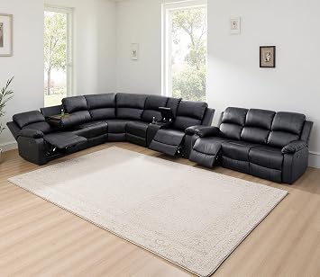 Leather Reclining Sectional Sofa Set with 4 Manual Recliners, 9-Seat L-Shaped Corner Couch and 3 Seater Sofa with Coffee Table/Storage/Cup Holders for Living Room/Home Theater/OfficeBlack
