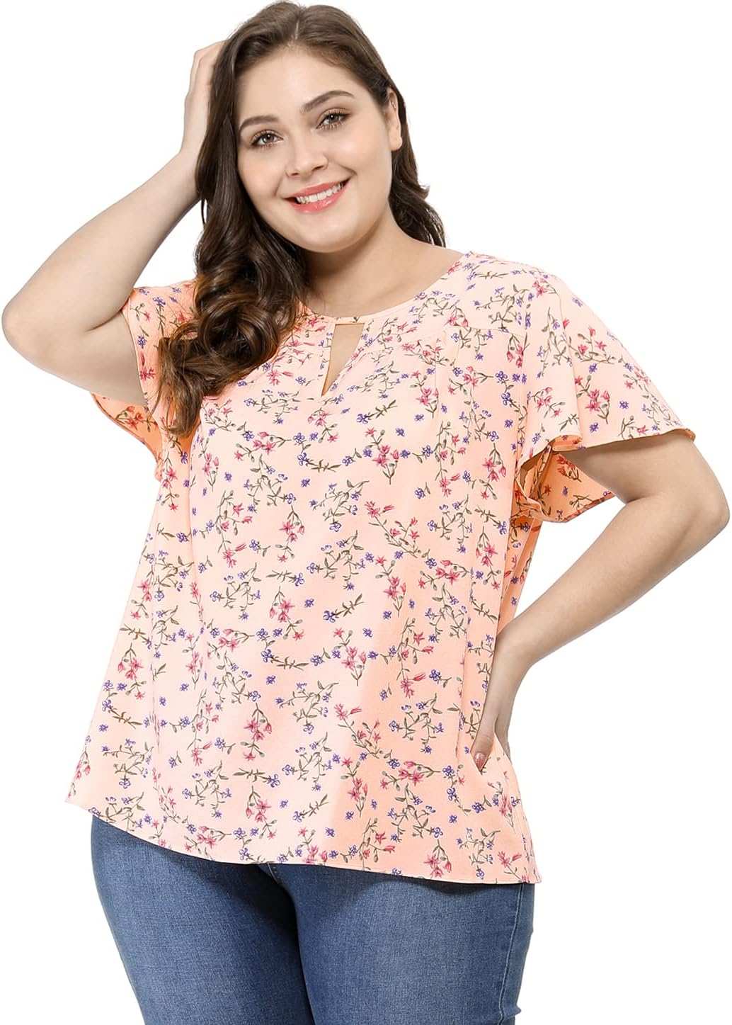 Agnes Orinda Women's Plus Size Blouses Summer Ruffle Short Sleeve Shirts Keyhole Chiffon Tops - Image 3