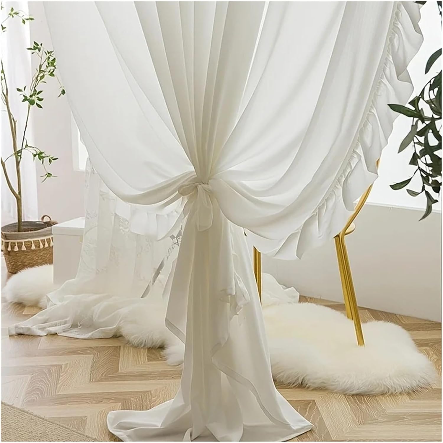Solid Blackout Curtains for Bedroom White Vintage Ruffle Tulle Curtains for Girls Bedroom(W100xH180cm)