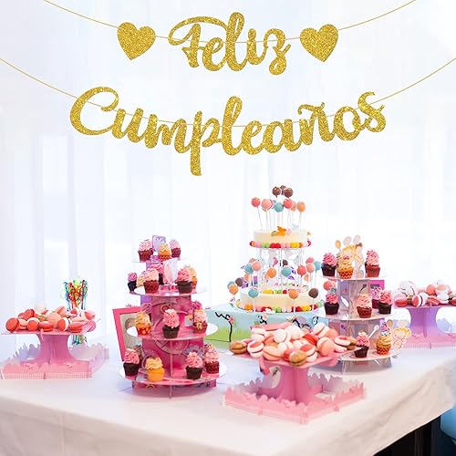 Miniatura 8 de WeBenison Cartel de Feliz Cumpleaños con temática de fiesta de feliz cumpleaños/decoraciones de fiesta de cumpleaños en español, purpurina dorada