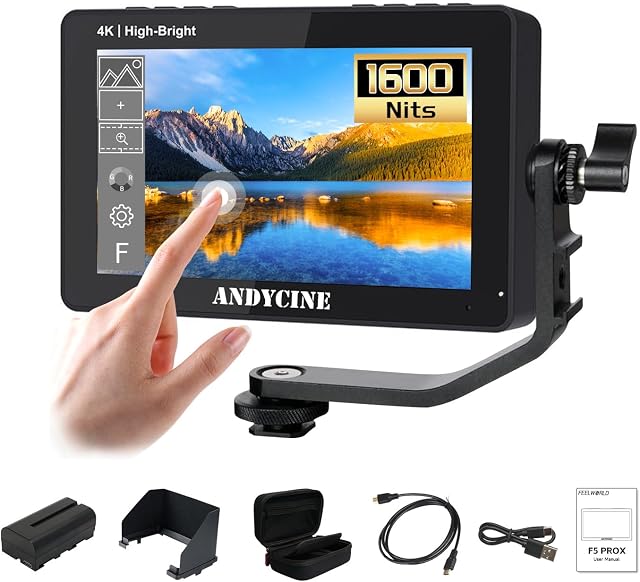 ANDYCINE A6 II 5,5-calowy monitor aparatu 1600 nitów 4K HDMI ekran dotykowy 1920 x 1080P DLSR wideo z plikiem monitor obsługuje kształt fali 3D LUT, płyta zewnętrzna F970, szczytowa ostrość (bateria,