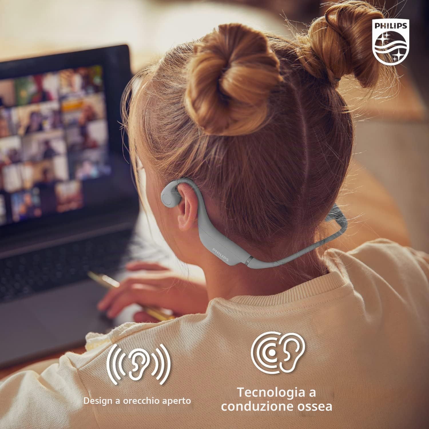 PHILIPS K4607GY - Cuffie Bluetooth a conduzione ossea con microfono interno e controllo parentale, colore: Grigio