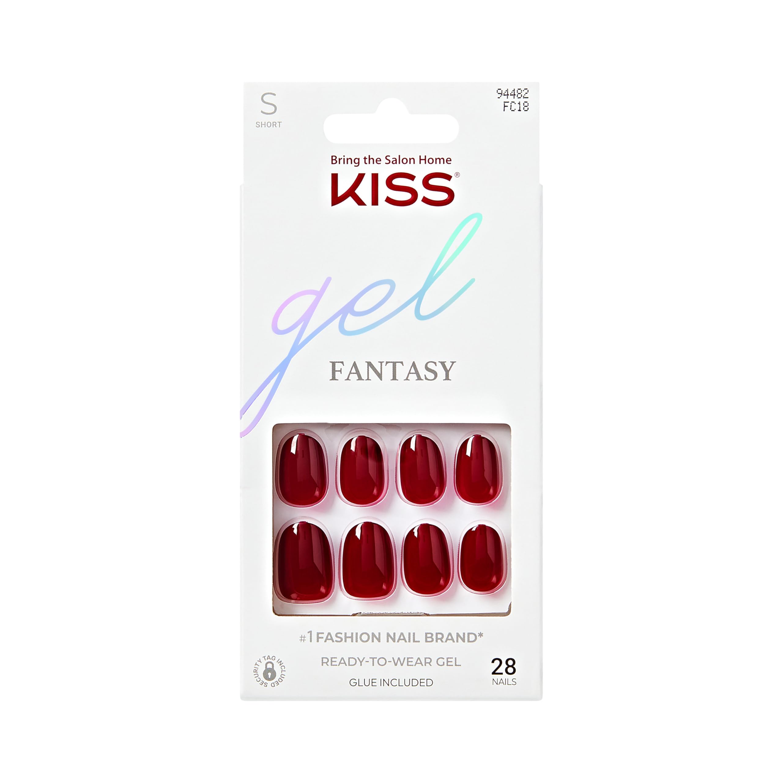 KISS Gel Fantasy, Press-On Nails, Nail glue included, 'One Call', Red, Short Size, Oval Shape, Includes 28 Nails, 2g glue, 1 Manicure Stick, 1 Mini File