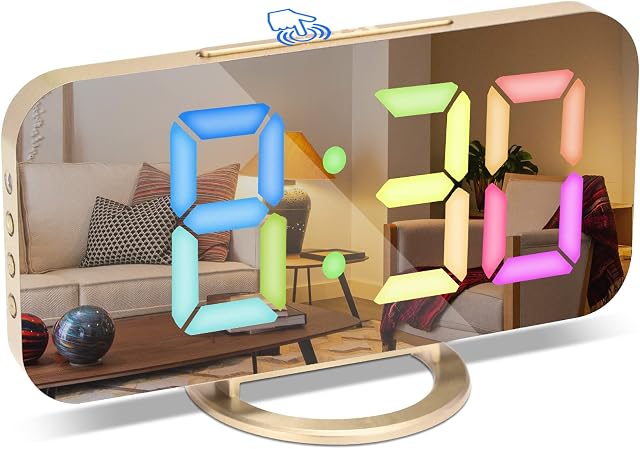Alarm Clock with Dimmable LED Display, Digital Clock, Digital Alarm Clock with Colour Fonts, Alarm, Snooze, 3 Dimmer Modes, Alarm Clocks Bedside Mains Powered, Bedside Clock for Bedroom Decore-Gold