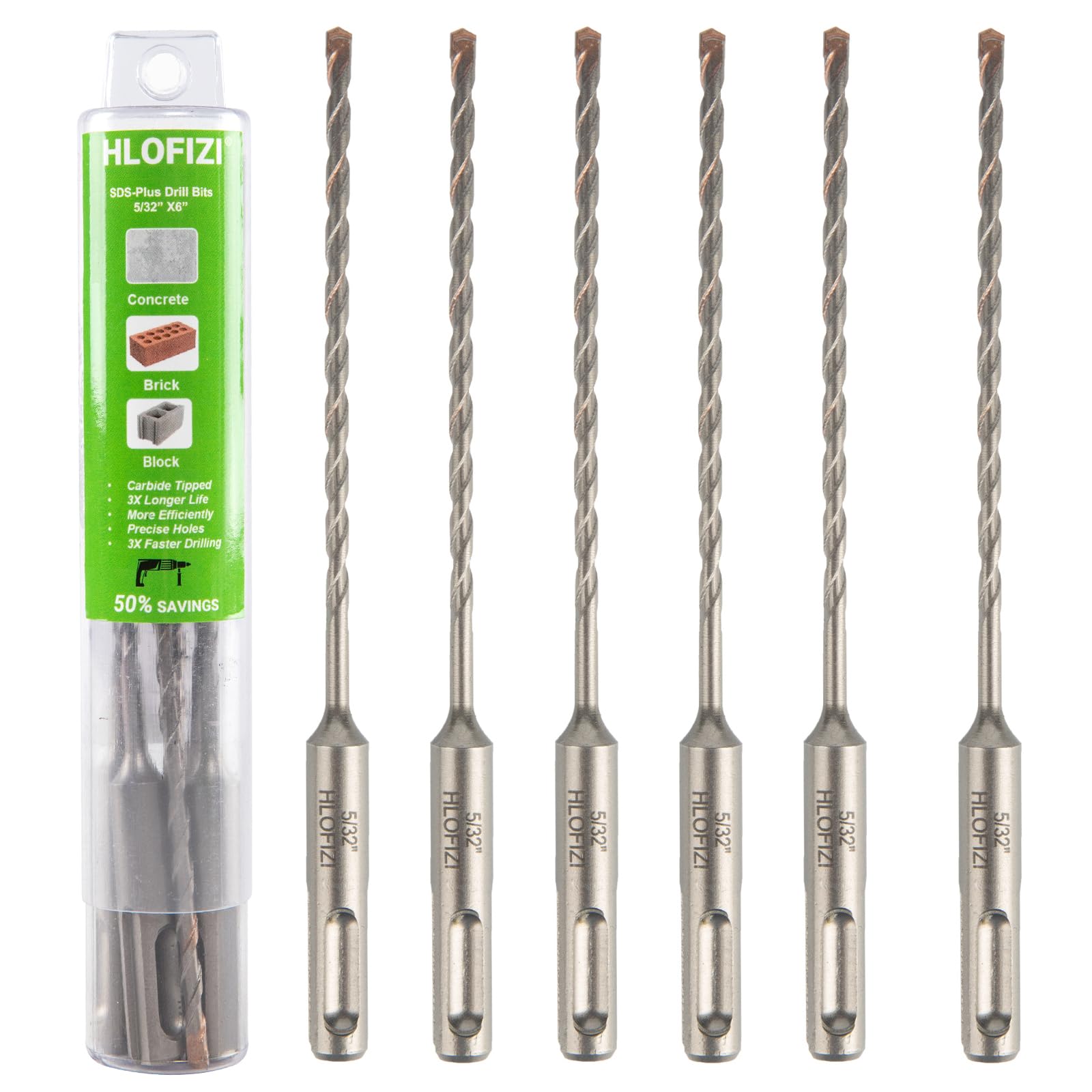 HLOFIZI 5/32" x 6” SDS Plus Hammer Drill Bits 5/32 inch Masonry Drill Bits Carbide Tipped for Concrete, Brick, Block, Stone, 6 Pack