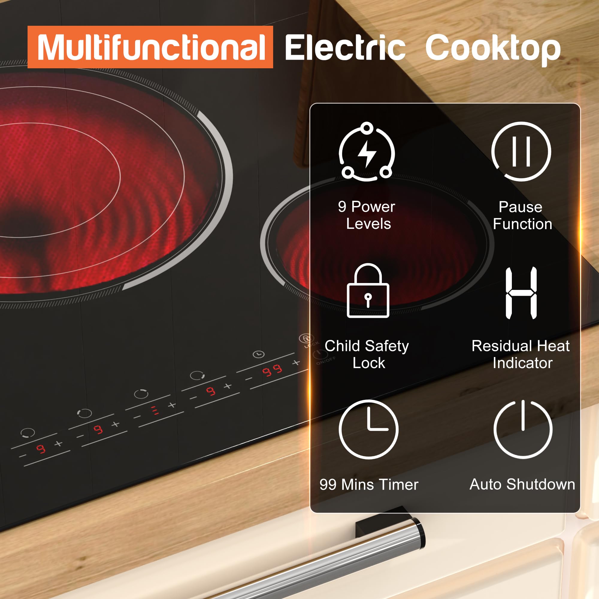 Cocina eléctrica de 30 pulgadas, 4 quemadores de cerámica incorporados, 7800 W, estufa eléctrica con quemador de barbacoa, control táctil, temporizador, bloqueo de seguridad infantil, función