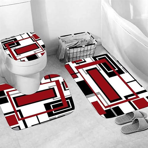Miniatura 4 de Juego de 4 cortinas de ducha geométricas rojas con alfombras, juego de baño rojo con cortina de ducha y alfombras, juego de cortinas de baño