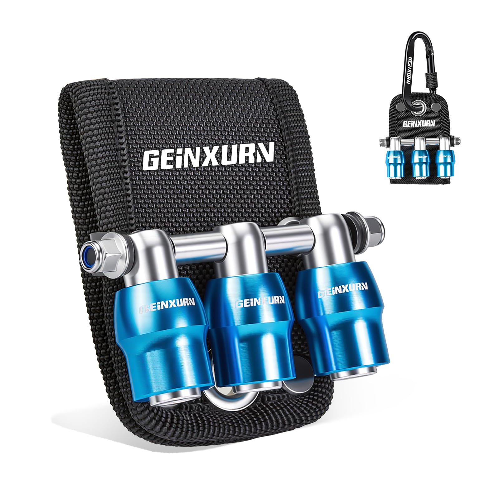 Geinxurn 3Pcs Blue 1/4” Shank Bit Holder Set, Magnetic Drill Bit Holder with Polyester Belt Loop Organizer, Double Lock Quick Release & Change Aluminum Bits Storage with Carabiner for Outdoor Work