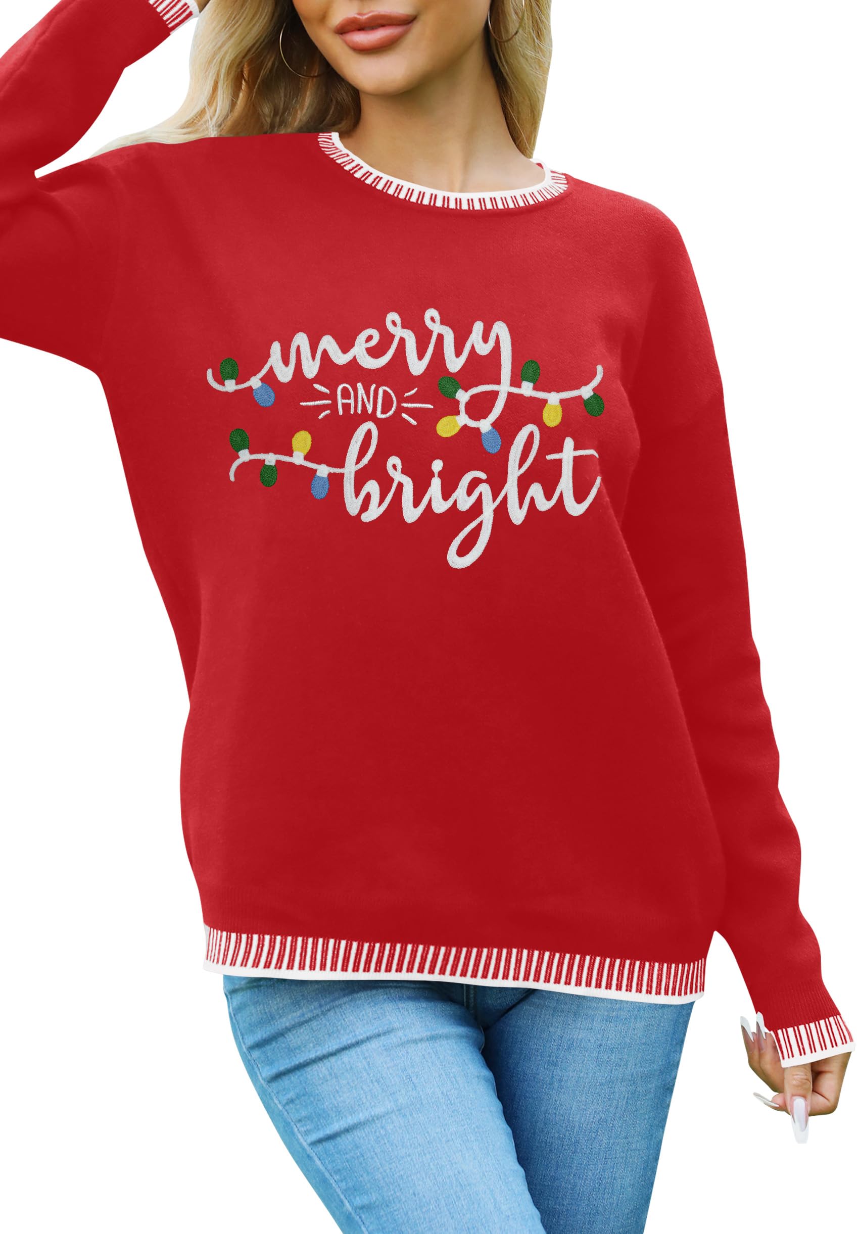 ELDPS Weihnachtspullover für Damen: Merry and Bright Sweatshirt Merry Christmas Langarm Pullover Tops