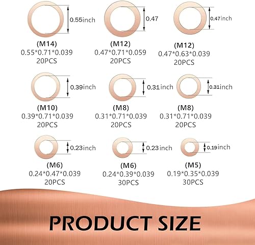 Miniatura 2 de Ferianl Juego de 200 arandelas de cobre de 9 tamaños, surtido de sellado métrico, arandelas de sellado plano M5 M6 M8 M10 M12 M14, surtido de