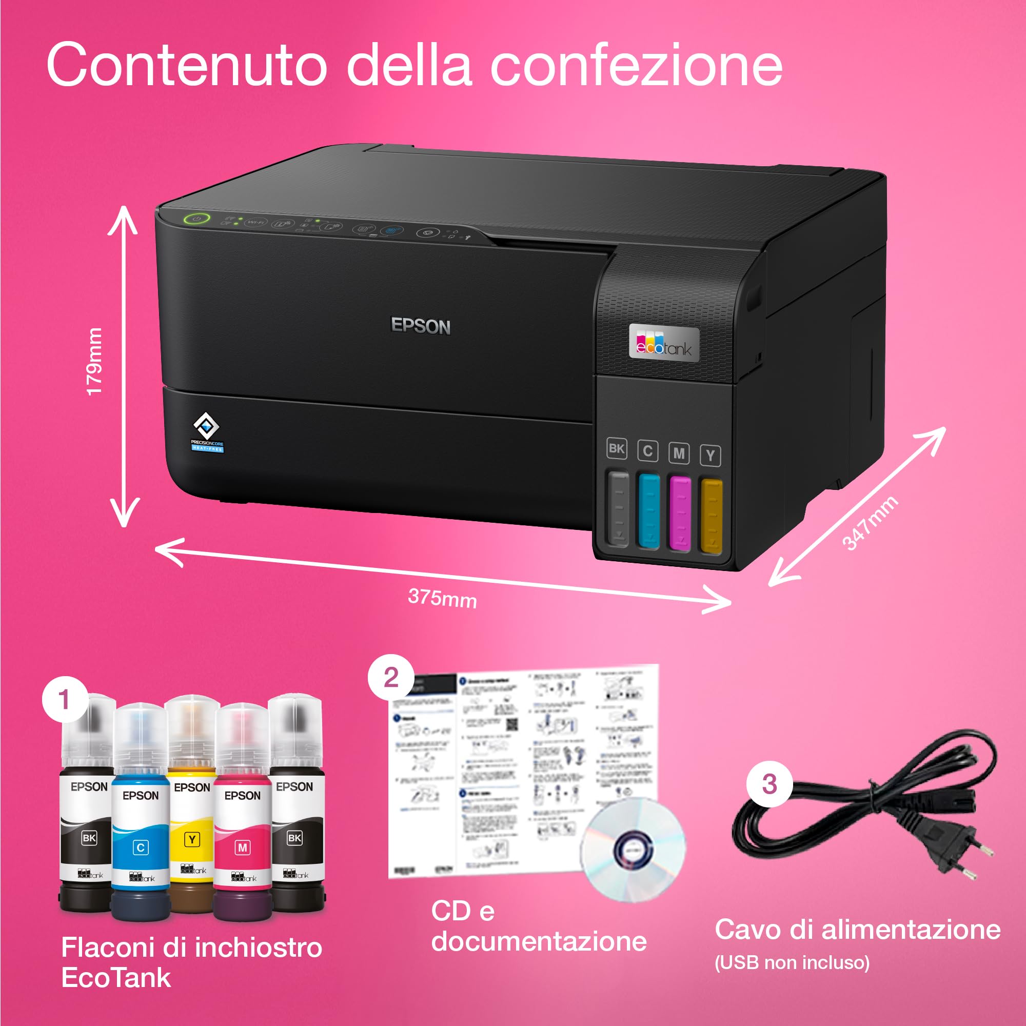 Epson EcoTank ET-2830 stampante Multifunzione A4 (stampa, copia, scansione) USB, Wi-Fi, Wi-Fi Direct, Serbatoi flaconi alta capacità, Smart Panel, Tecnologia PrecisionCore, 15 pag/min, AirPrint